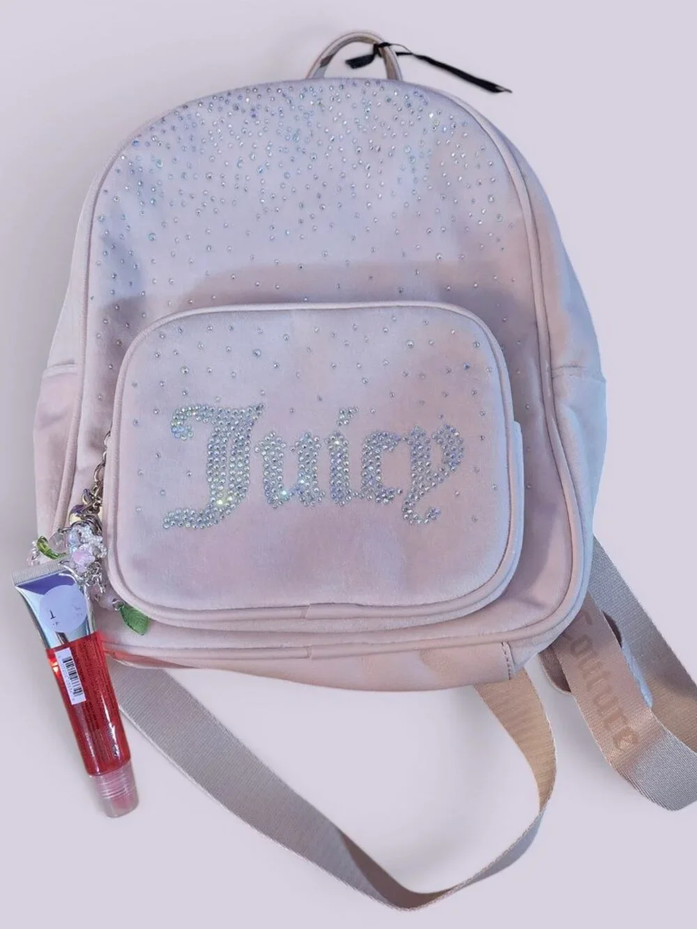 Juicy Couture Pink Velour Rhinestone Mini Backpack Y2K Coquette Charm Bag